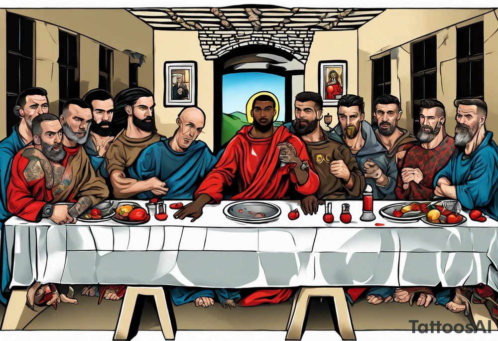 Rooney, Ronaldo, Best, Charlton, Cantona and Rashford at the Last Supper tattoo idea