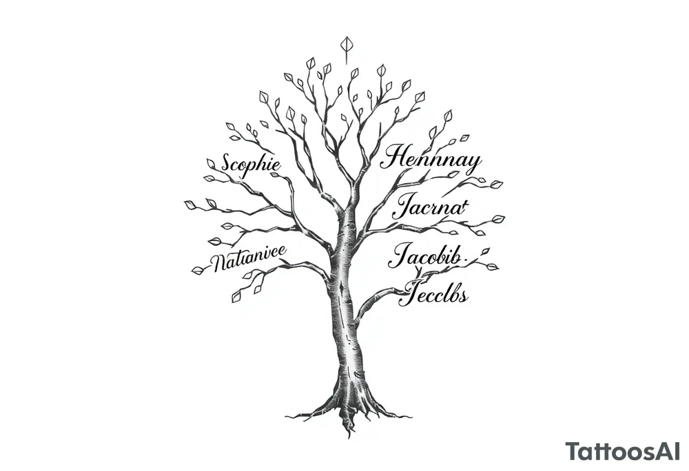 small family tree tattoo with names sophie, chloe, shannon, hannah, hunter, jacob and declyn tattoo idea