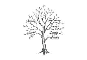 small family tree tattoo with names sophie, chloe, shannon, hannah, hunter, jacob and declyn tattoo idea