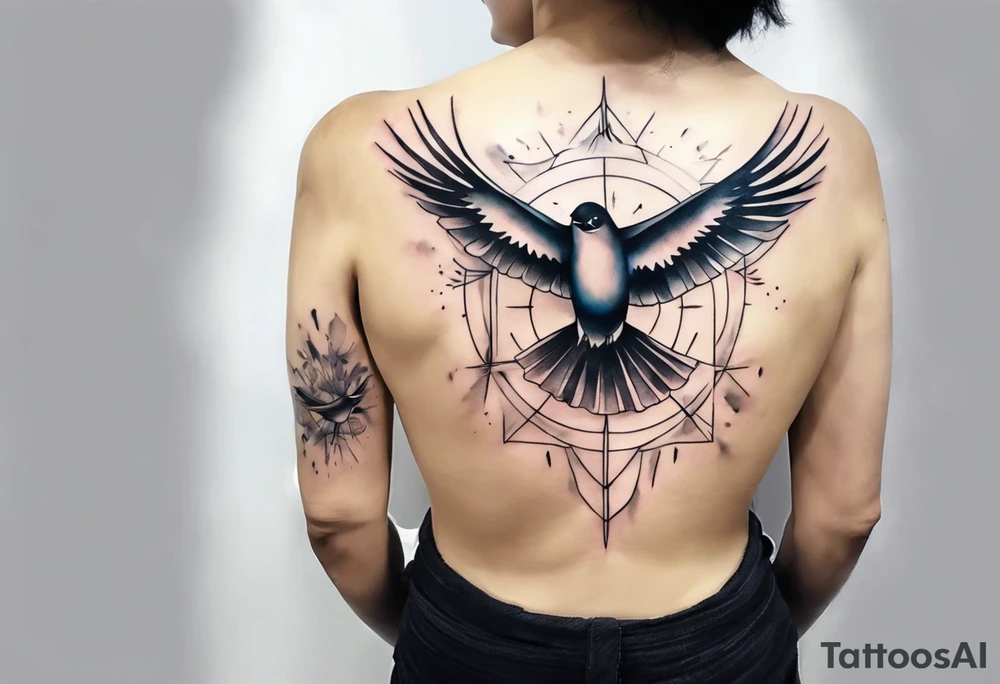 a shoulder round shape tattoo with lots of rays of light in gradient starting from the middle, birds flying free between clouds tattoo idea