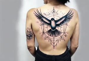 a shoulder round shape tattoo with lots of rays of light in gradient starting from the middle, birds flying free between clouds tattoo idea