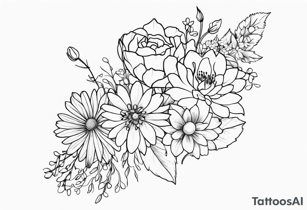 Asters, roses, lily of the valley, and chrysanthemums in a long line tattoo idea
