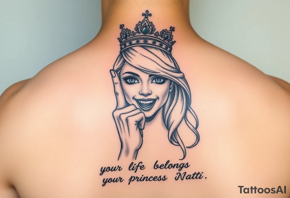 powerful blond findomme princess with crown on, holding up her middle finger laughing at you for being pathetic with caption “your life belongs to Princess Natti” tattoo idea