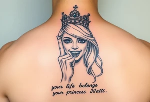 powerful blond findomme princess with crown on, holding up her middle finger laughing at you for being pathetic with caption “your life belongs to Princess Natti” tattoo idea