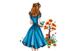 Alice (from Alice in wonderland) silhouette wearing a blue dress. Perspective from the back. She is caring a book, entering a garden with flowers and an orange tree tattoo idea