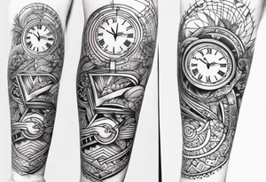 sleeve arm tattoo that represents love, family, trust, patience, time, new adventures and tattoo idea