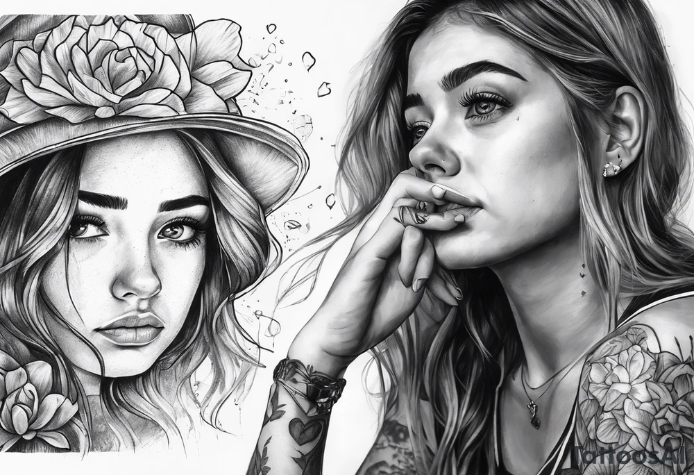 heartbroken girl making a wish with tears in her eyes. broken pictures and coupled paper next to her tattoo idea