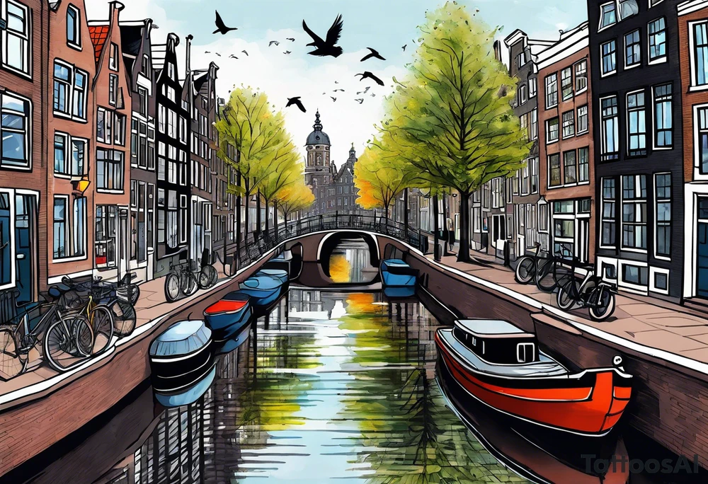 Amsterdam houses and Amsterdam canal featuring wildlife and birds made of glass in Amsterdam canal in space with pineapples tattoo idea