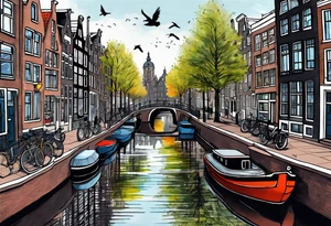 Amsterdam houses and Amsterdam canal featuring wildlife and birds made of glass in Amsterdam canal in space with pineapples tattoo idea