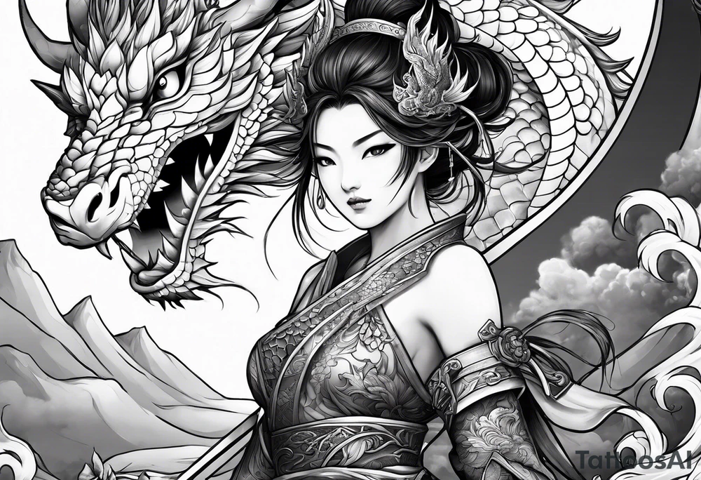 warrior beautiful fairy nymph with a full body with a sword and a full dragon with a mountain with clouds and a Japanese building background tattoo idea