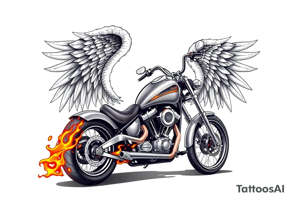 Low rider grey motorcycle, flames, angel wings tattoo idea