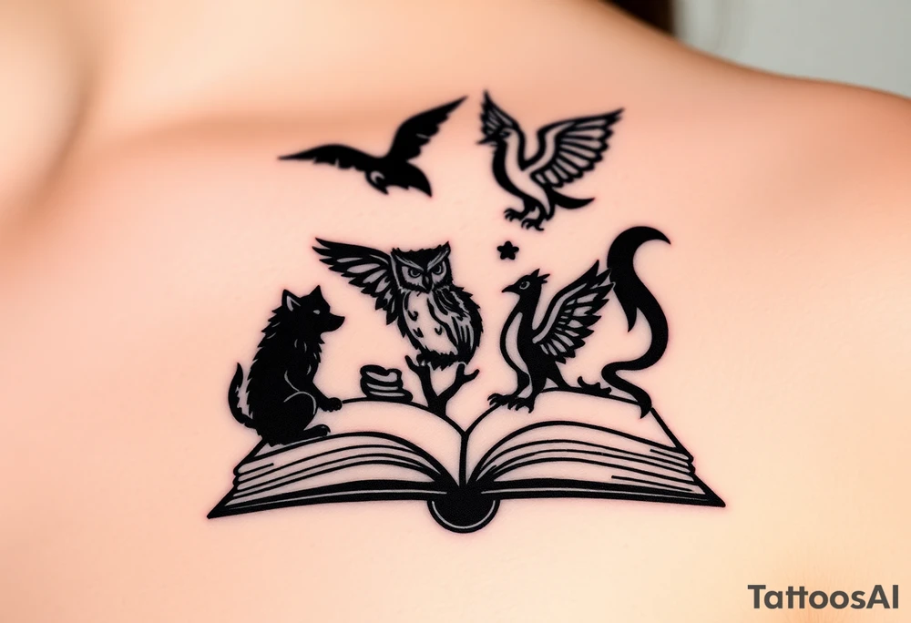 An open book with black silhouettes of a werewolf, an owl, a dragon & a phoenix above it tattoo idea