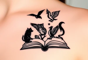 An open book with black silhouettes of a werewolf, an owl, a dragon & a phoenix above it tattoo idea