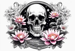 skeleton wearing lab coat, water lily, cherry blossoms, space and stars tattoo idea