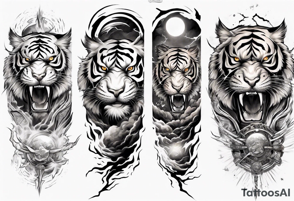 Tiger Warrior sleeve tattoo with lightning and the sun
Forearm sleeve tattoo idea