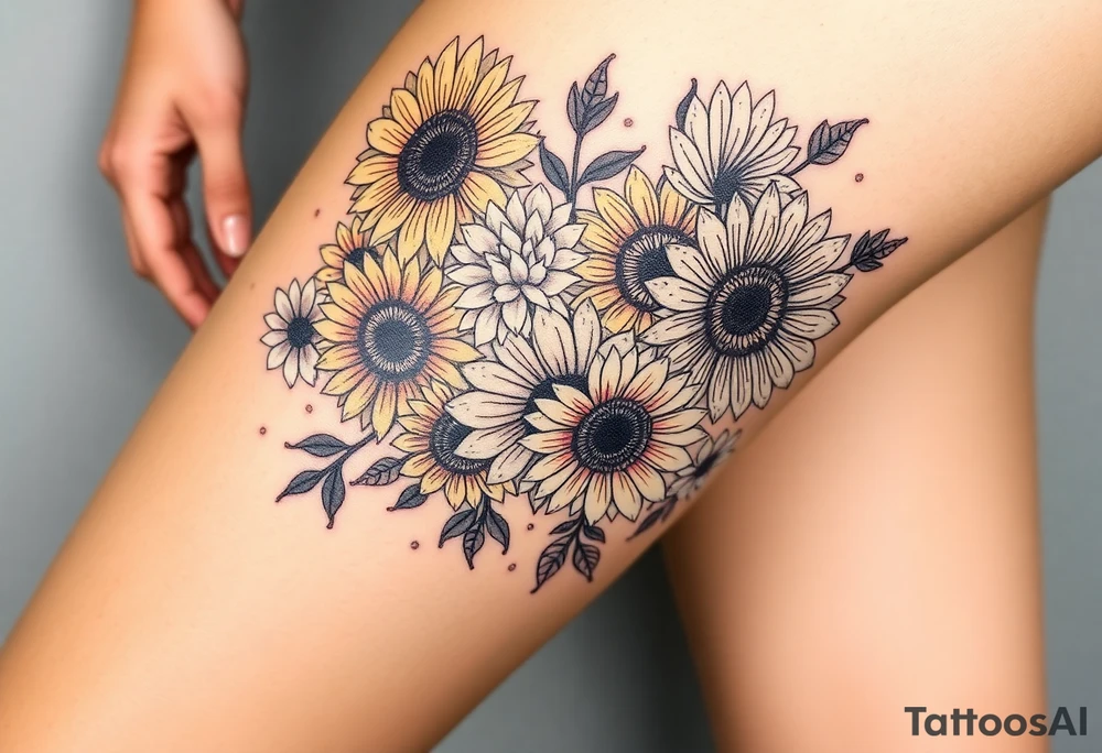 Bouquet of sunflowers, water Lillies, dahlias, marigolds, carnations, hydrangeas, daisys, and chrysanthemums tattoo idea