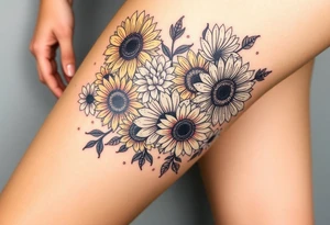 Bouquet of sunflowers, water Lillies, dahlias, marigolds, carnations, hydrangeas, daisys, and chrysanthemums tattoo idea