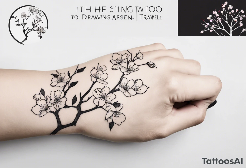 Sure thing! To guide the AI in drawing your tattoo design, you can provide step-by-step instructions like this:

1. Start by drawing a human hand pointing at a skeleton hand on the left shoulder.
2. From the wrist of the human hand, draw a cherry blossom branch sprouting out.
3. Let the branch travel down the arm, wrapping around the bicep once.
4. Narrow the branch to fit through a 7 cm gap on the forearm.
5. Finally, end the branch in a 10 cm gap on the wrist, adding more blossom flora to complete the design.

These detailed instructions should help the AI create a visual representation of your envisioned tattoo. tattoo idea