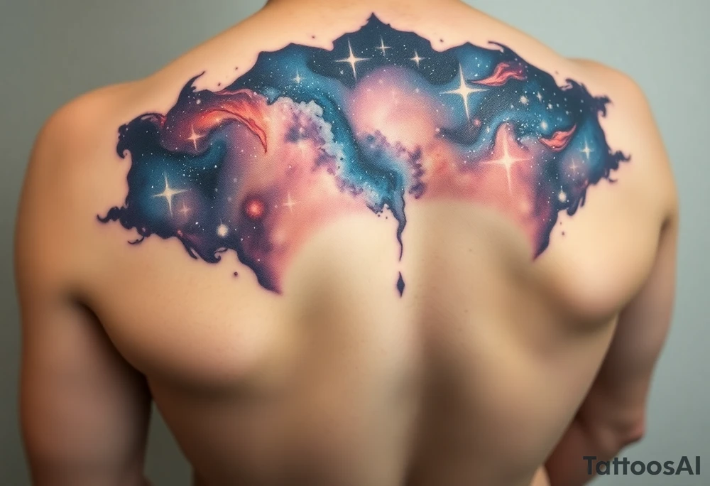 Beautiful and epic 3d milky way that appears to be what is beneath the skin. Make it drape over the shoulder and move to the middle back. use negative spaces to create stars and dust. Incorporate God breathing life into the universe. Keep it symmetrical tattoo idea