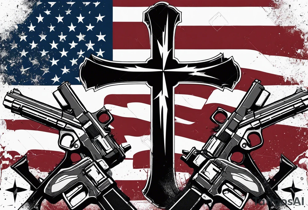 Distressed American flag behind a cross with 2 guns leaned on it simple tattoo idea