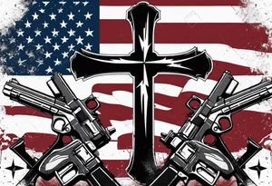 Distressed American flag behind a cross with 2 guns leaned on it simple tattoo idea