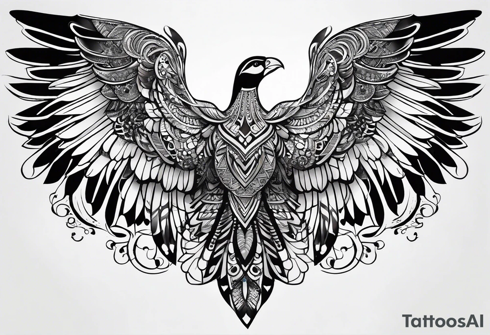 a full wing with filigree and african tribal patterns woven through for a sleeve tattoo idea