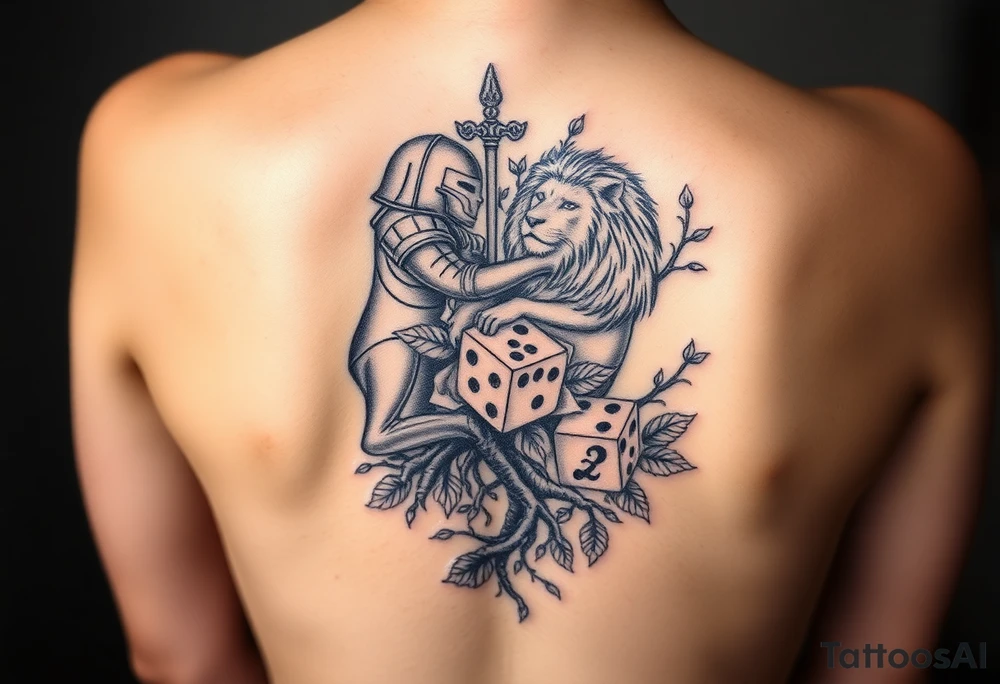 knight and Lion intertwined with tree roots and roses rolling dice tattoo idea