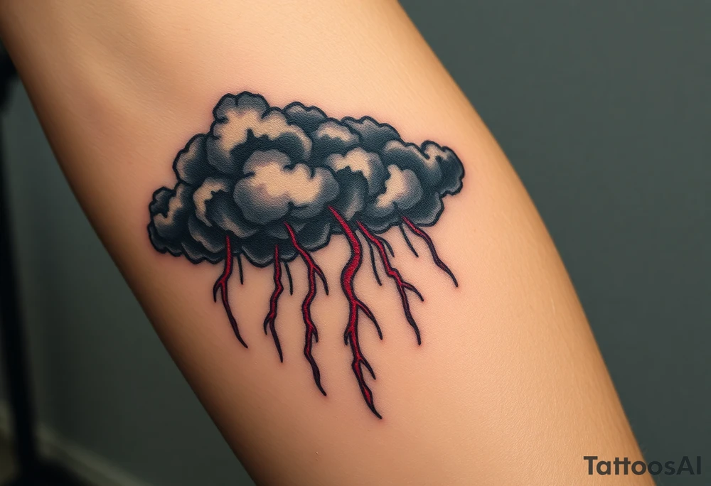 Dark, black menacing storm clouds with creepy red bolts of lightning & heavy rain coming down tattoo idea