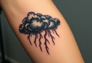 Dark, black menacing storm clouds with creepy red bolts of lightning & heavy rain coming down tattoo idea
