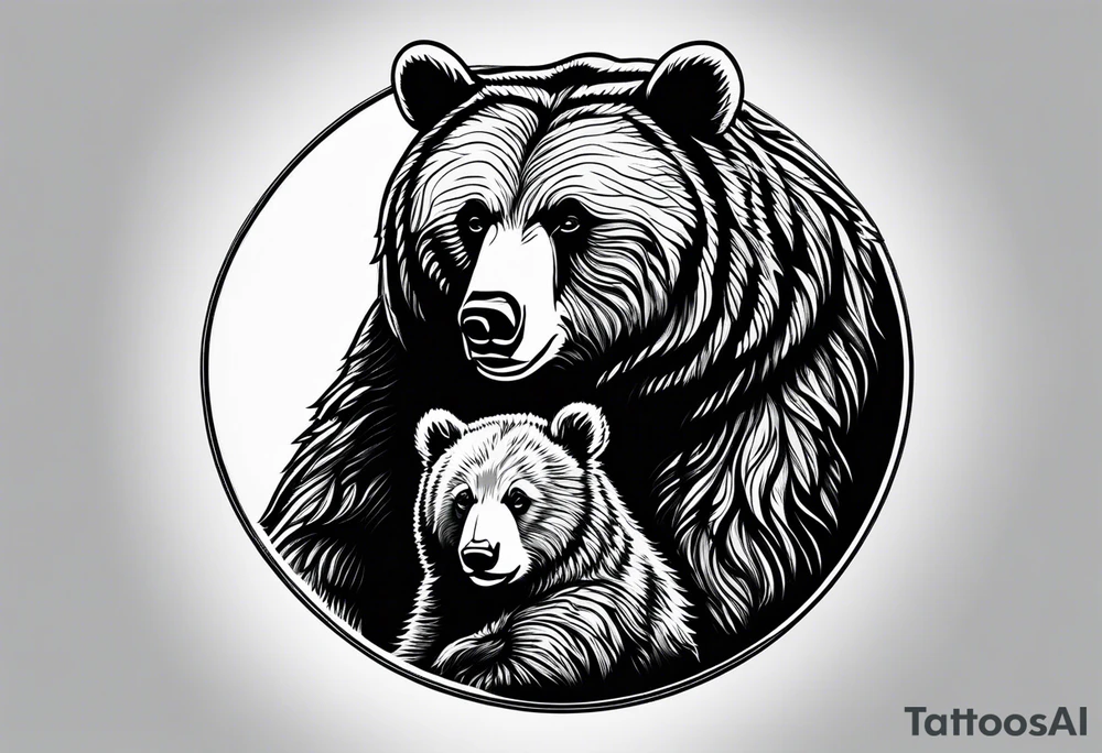 mother bear and cub simple inside oval tattoo idea