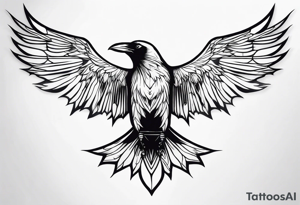 a crow in the with its wings outstretched in flight with nothing in the background tattoo idea