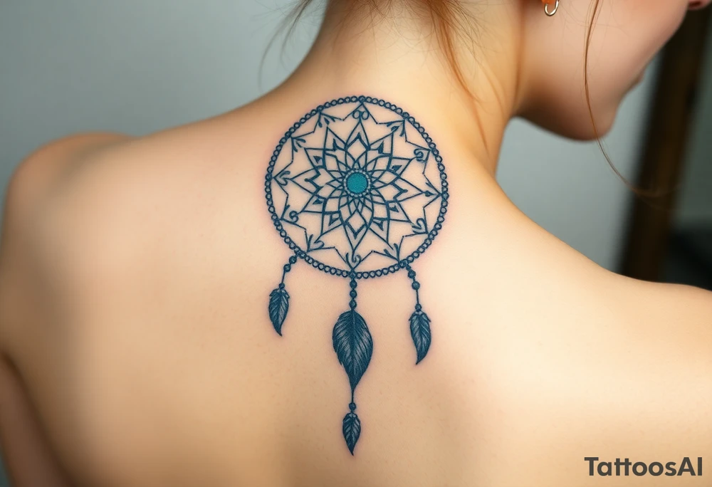 Dreamcatcher with zodiac symbols and protection runes caught in it with wolf teal tattoo idea
