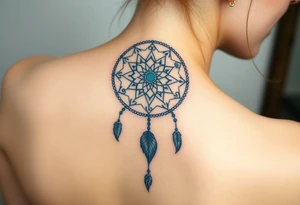Dreamcatcher with zodiac symbols and protection runes caught in it with wolf teal tattoo idea