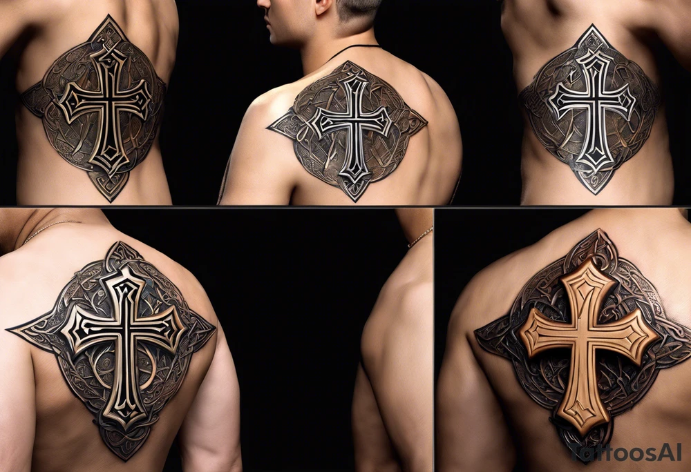 The tattoo features a Christian cross with a sharp lower end firmly planted into the ground. From the base of the cross, intricate roots extend outwards, symbolizing strength, growth, and deep roots in faith. The cross itself is adorned with intricate details, perhaps featuring Celtic or ornate patterns to add depth and texture.

On either side of the cross, two colossal dragon wings spread outwards, enveloping the cross in a protective embrace. The wings are dynamic and detailed, with scales, veins, and fine feather-like structures to convey the power and majesty of the mythical creature.

At the intersection of the cross, where the vertical and horizontal beams meet, there is a mesmerizing eyeball intricately depicted. The eye is detailed with vibrant colors and realistic shading, representing spiritual insight, watchfulness, and divine presence. tattoo idea