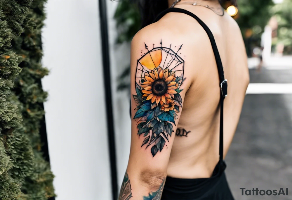 Small Watercolor inside arm tattoo, 4 inches. Black kite (Daya's name), nature (trees/flowers), rock/metal vibe (bold lines), sunflower. Bright colors! tattoo idea