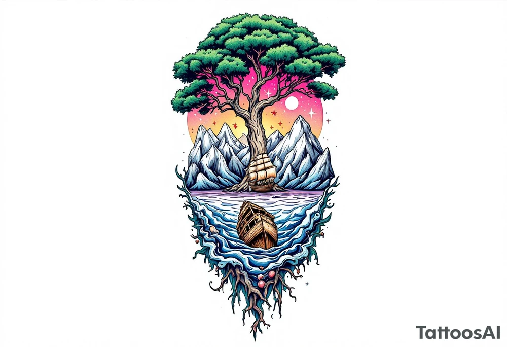 tattoo that has an acacia tree with mountains, ocean with a ship wreck and the northern star tattoo idea