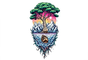 tattoo that has an acacia tree with mountains, ocean with a ship wreck and the northern star tattoo idea