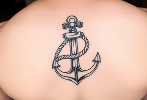 weathered anchor wrapped in nautical rope with sea waves tattoo idea
