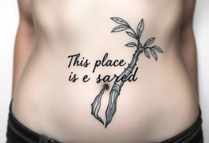 Hand written writing that says This place is sacred written on the trunk of a breadfruit tree tattoo idea