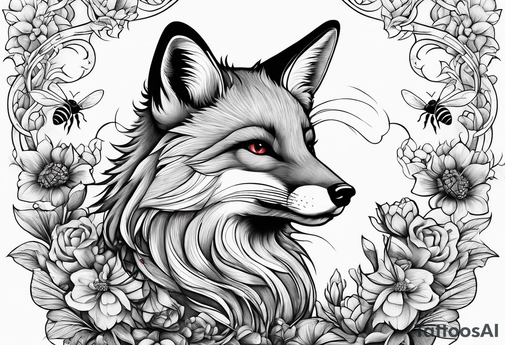 Fox with honey bee and ruby gemstone tattoo idea