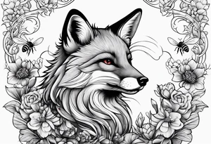 Fox with honey bee and ruby gemstone tattoo idea