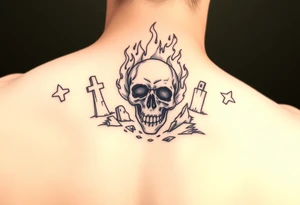 Graveyard scene with a skull engulfed in fiery flames, gothic style. tattoo idea