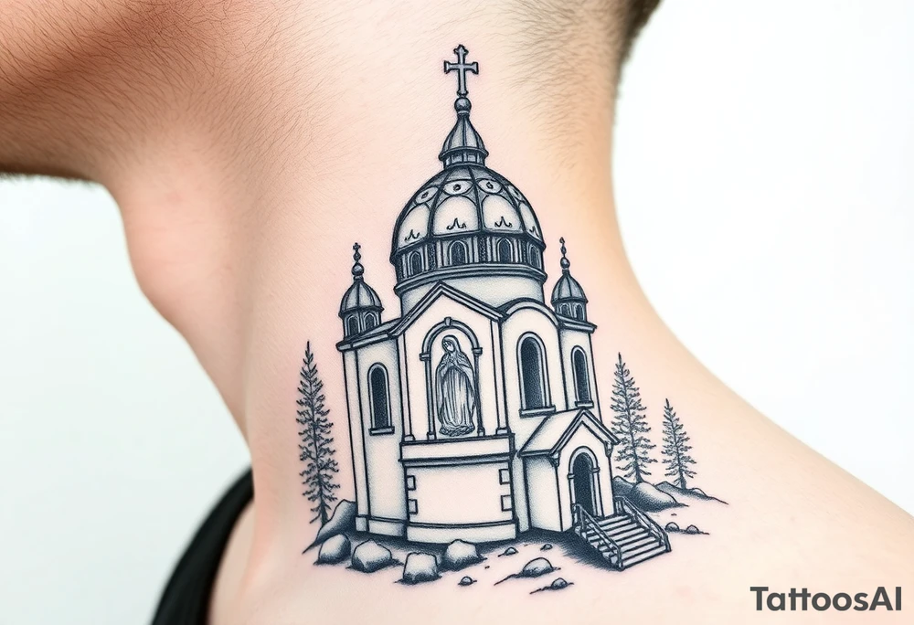medium sized russian orthodox dome church with a visible virgin mary in a russian lakes country setting tattoo idea