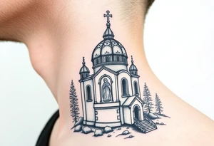 medium sized russian orthodox dome church with a visible virgin mary in a russian lakes country setting tattoo idea