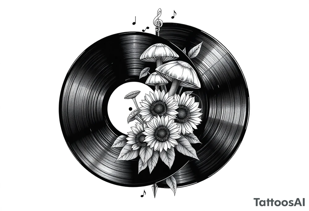 two overlapping vinyl records with mushrooms, sunflowers, and music notes tattoo idea