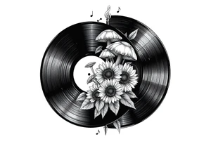 two overlapping vinyl records with mushrooms, sunflowers, and music notes tattoo idea