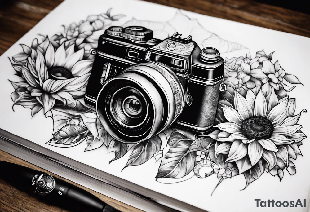 sunflower, book, camera, fish tattoo idea