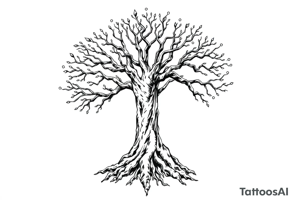 mystical tree of life with cosmic roots and celestial branches tattoo idea