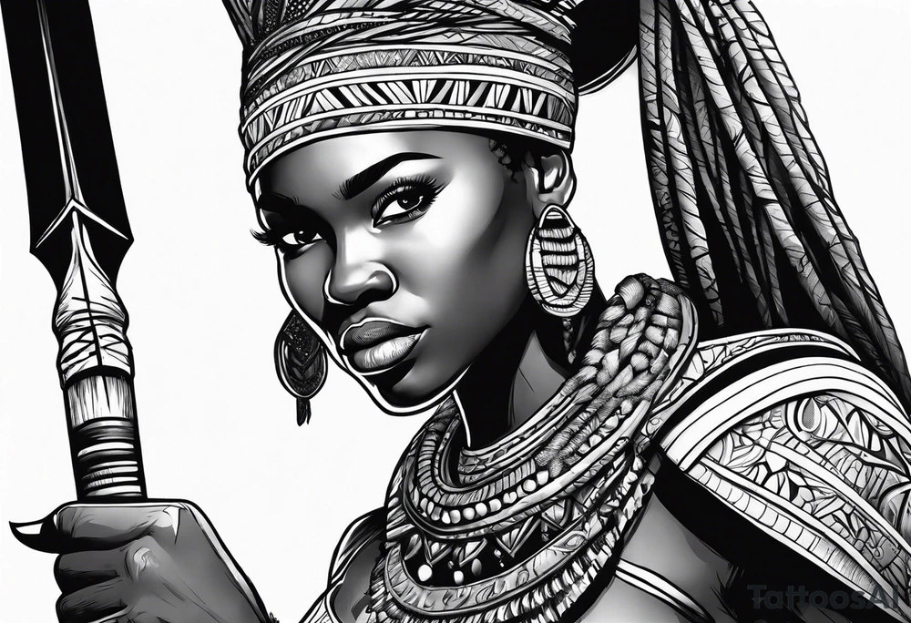 African woman warrior handing a spear tattoo idea