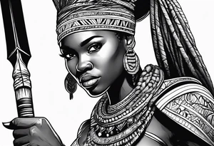 African woman warrior handing a spear tattoo idea